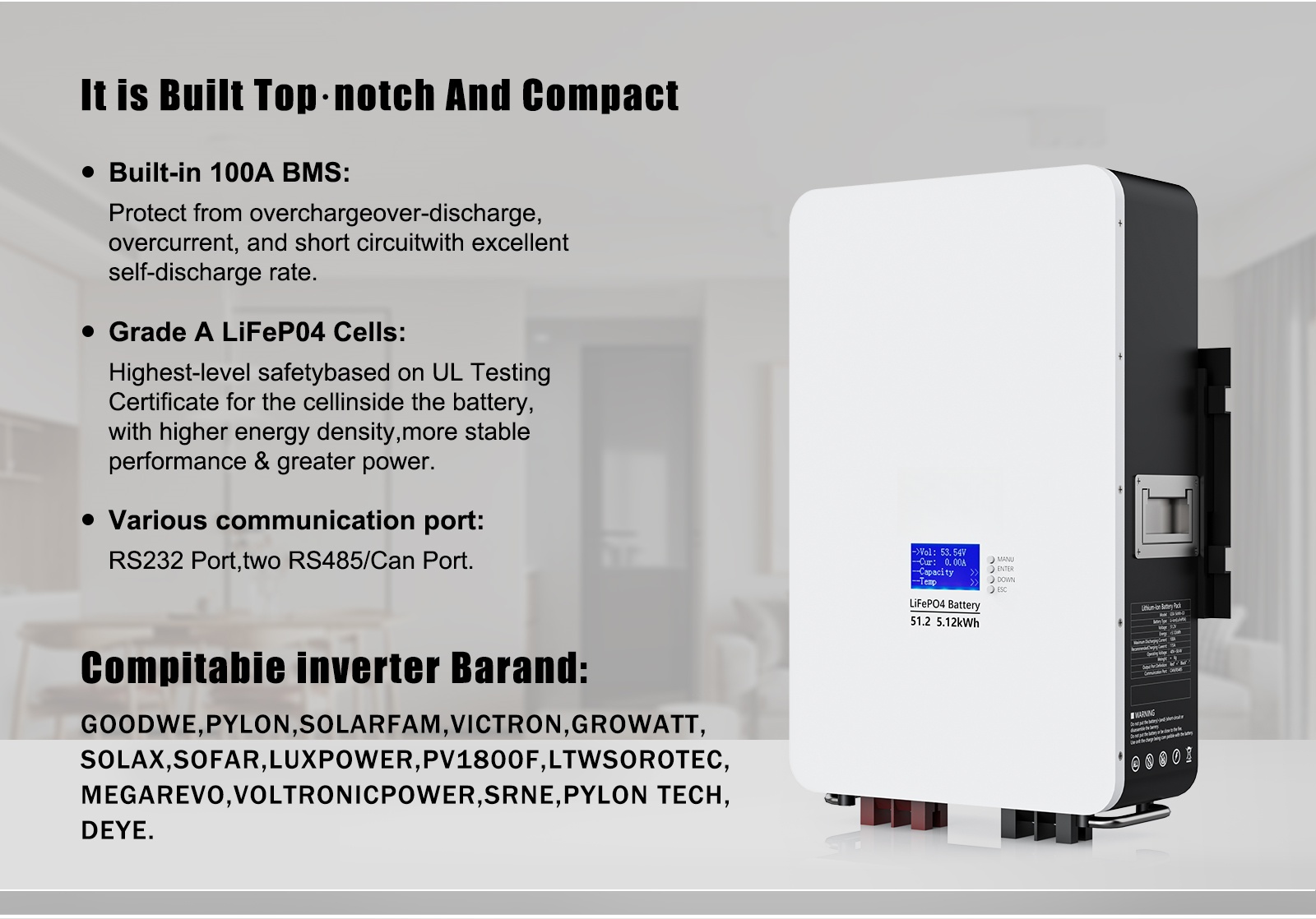 5.12KWh wall mounted energy storage battery